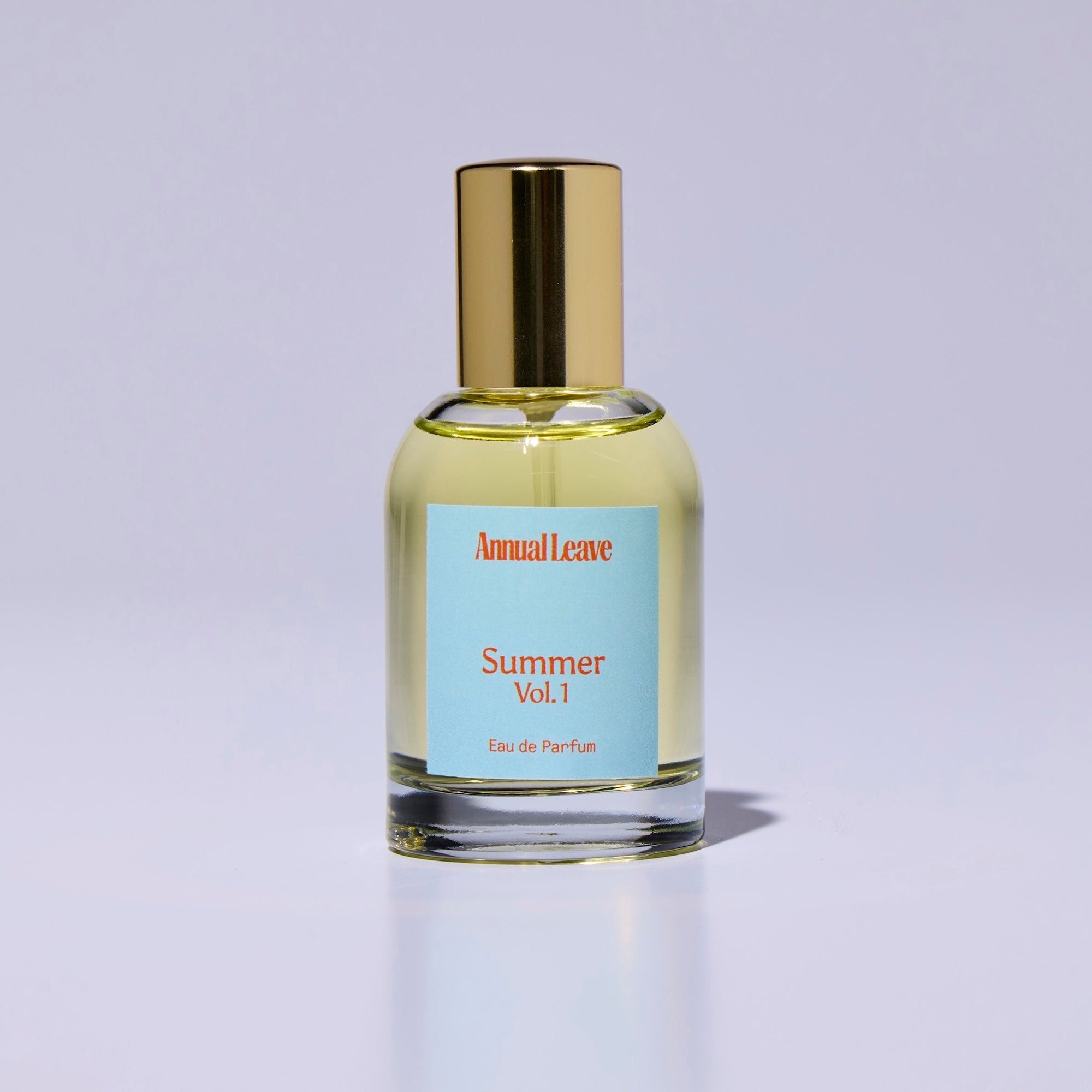 A bottle of Annual Leave Summer Vol. 1 Eau de Parfum with a gold cap and a light blue label, set against a clean light gray background.