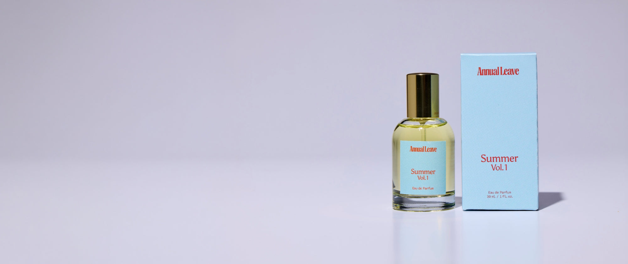 Perfume bottle and packaging labeled 'Annual Leave Summer Vol. 1' on a light gray background